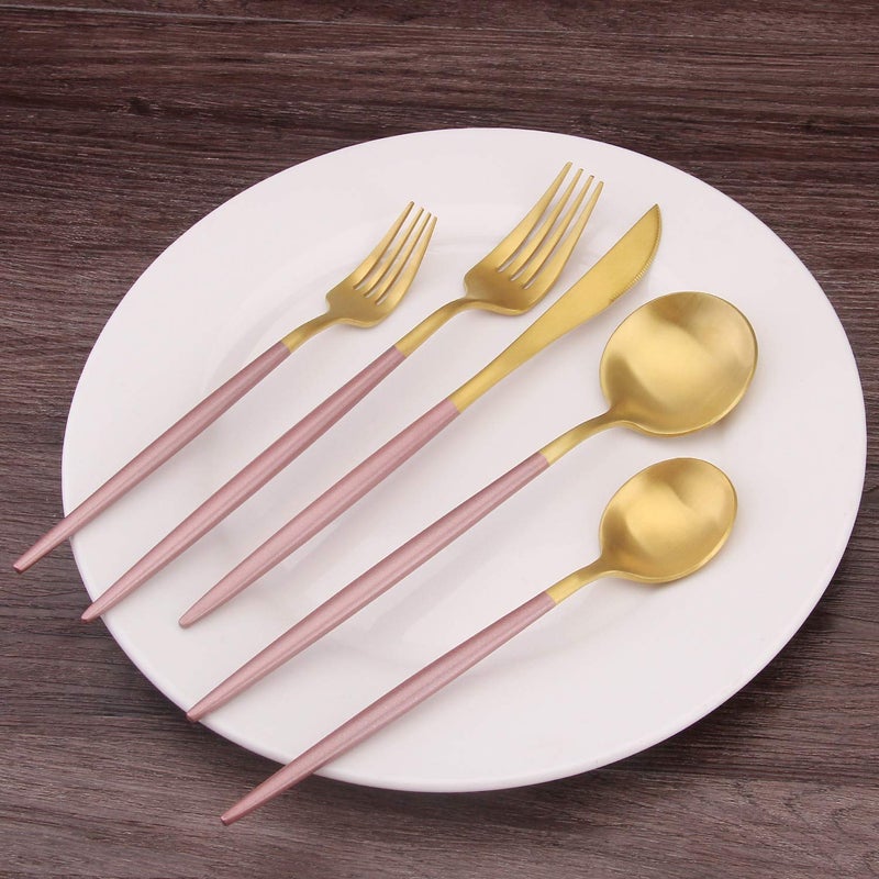 Bysta 5-Piece Stainless Steel Flatware Set, Matte Gold Silverware Set with pink handle, Kitchen Utensil Set Service for 1, Tableware Cutlery Set for Home and Restaurant, Dishwasher Safe - Image 5